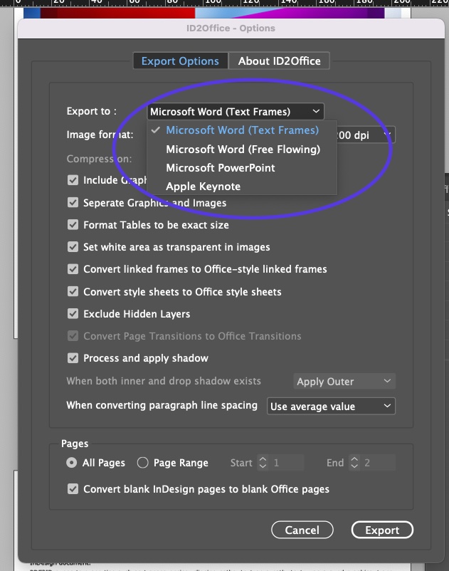 Specify export settings from InDesign to Word
